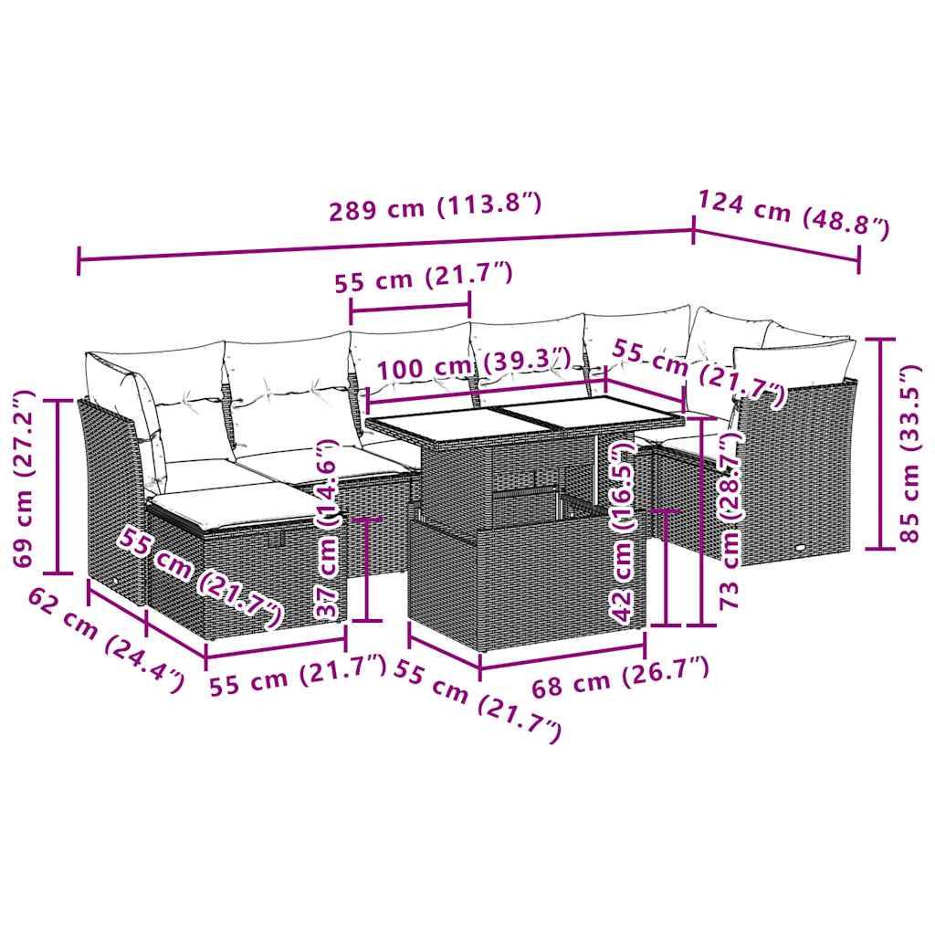 vidaXL 8-teiliges Gartensofa-Set mit Kissen, schwarzes Polyrattan