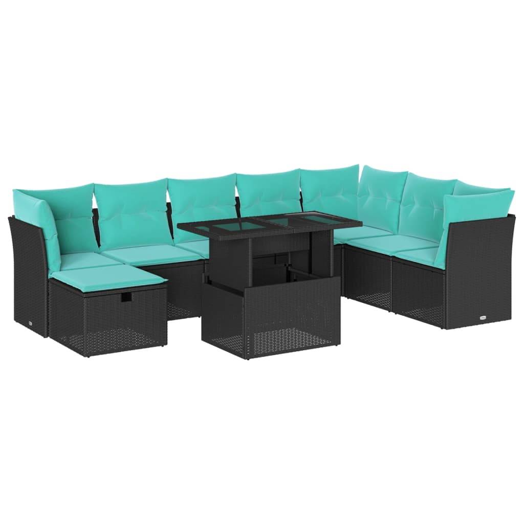 vidaXL 9-teiliges Gartensofa-Set mit Kissen, schwarzes Polyrattan