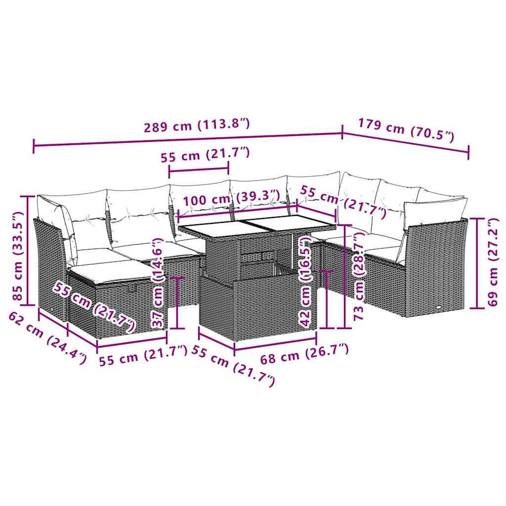 vidaXL 9-teiliges Gartensofa-Set mit Kissen, schwarzes Polyrattan