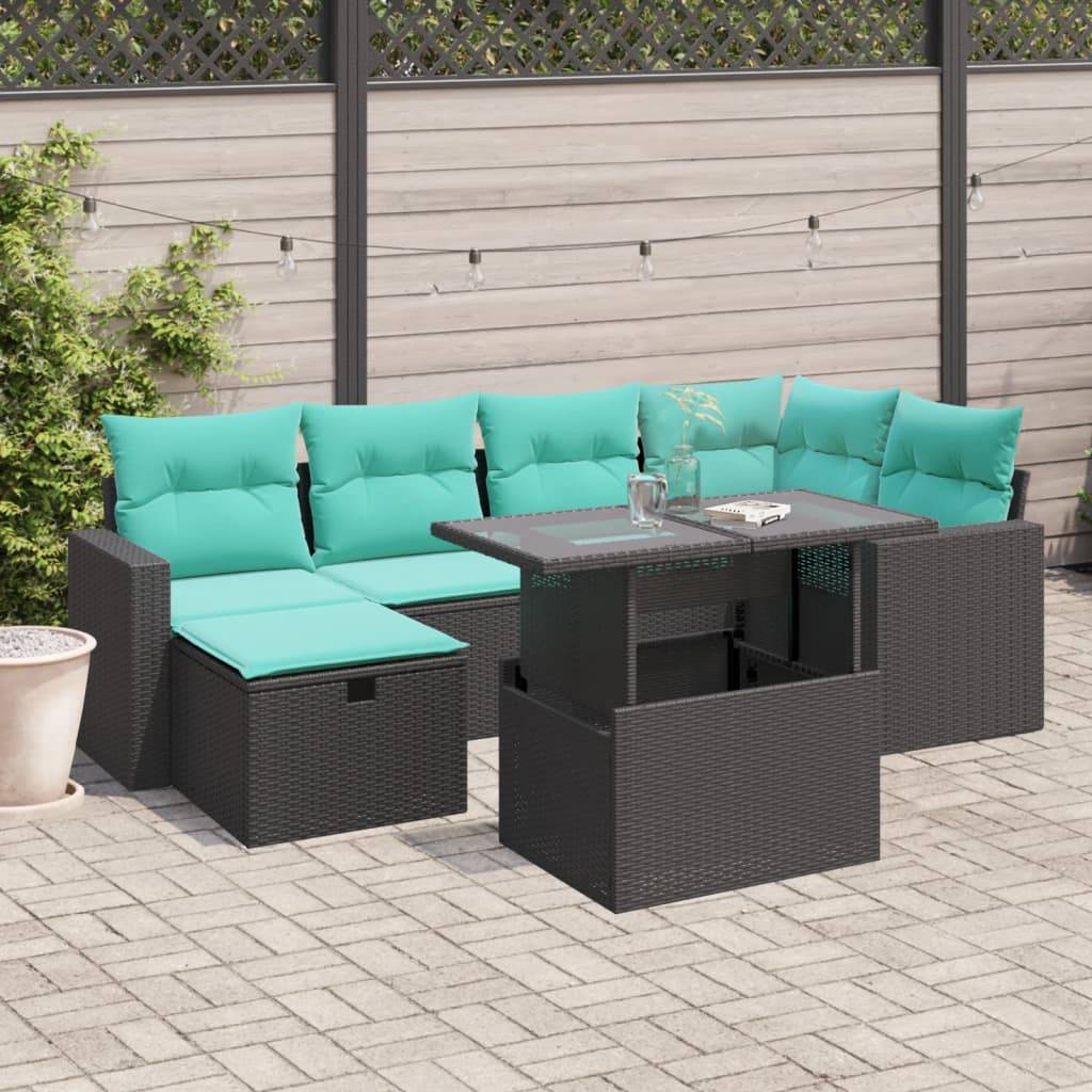 vidaXL 7-teiliges Gartensofa-Set mit Kissen, schwarzes Polyrattan