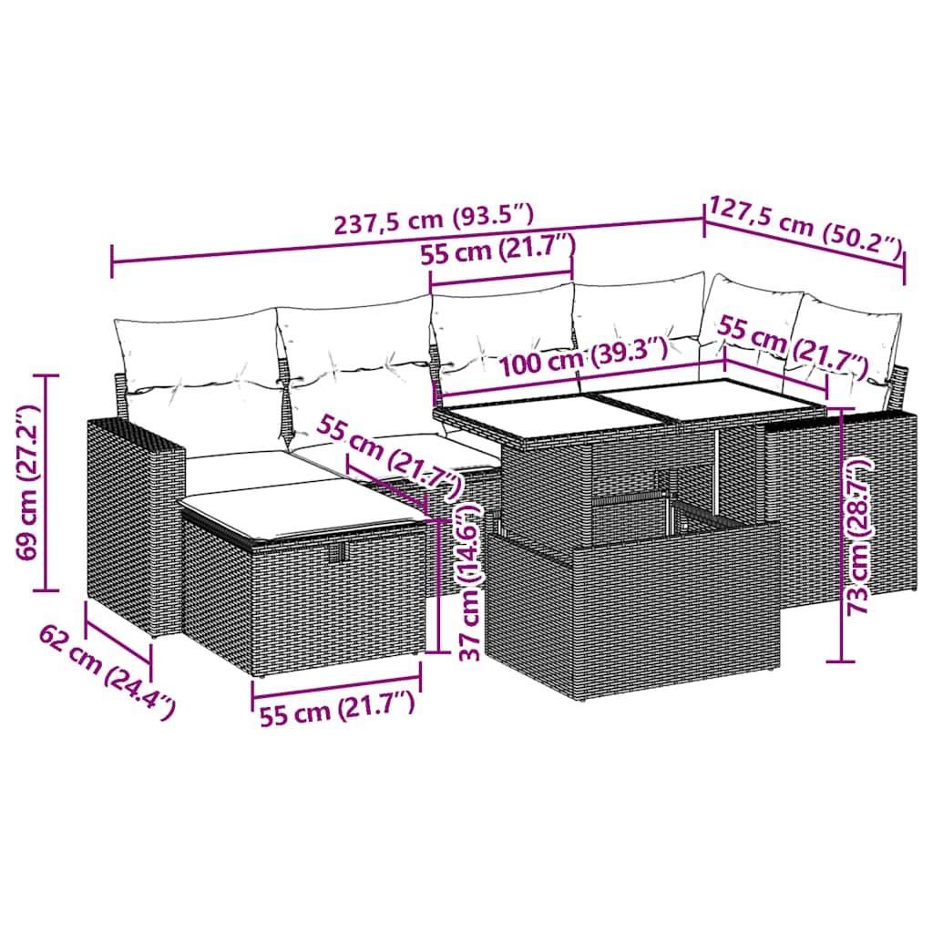 vidaXL 7-teiliges Gartensofa-Set mit Kissen, schwarzes Polyrattan