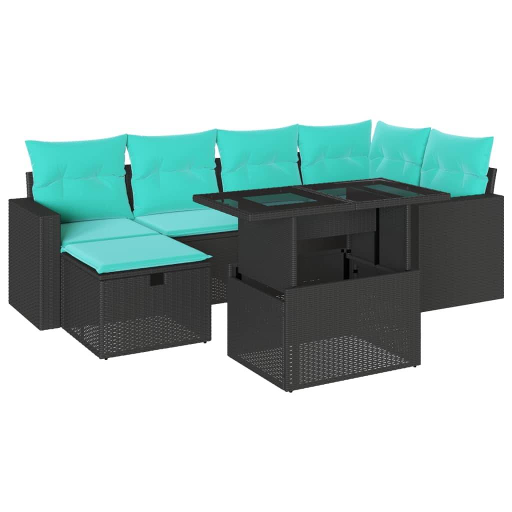 vidaXL 7-teiliges Gartensofa-Set mit Kissen, schwarzes Polyrattan