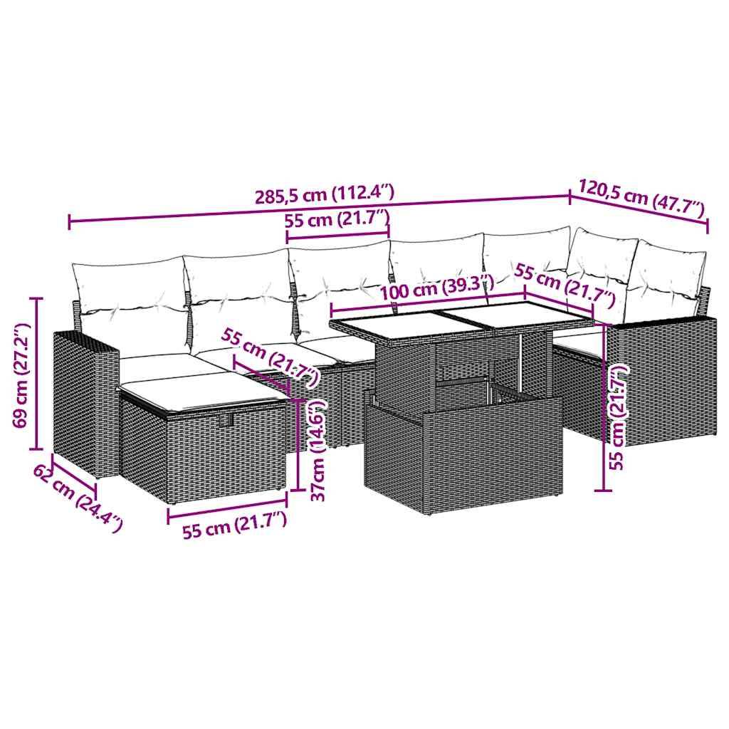 vidaXL 8-teiliges Gartensofa-Set mit Kissen, grau, Polyrattan