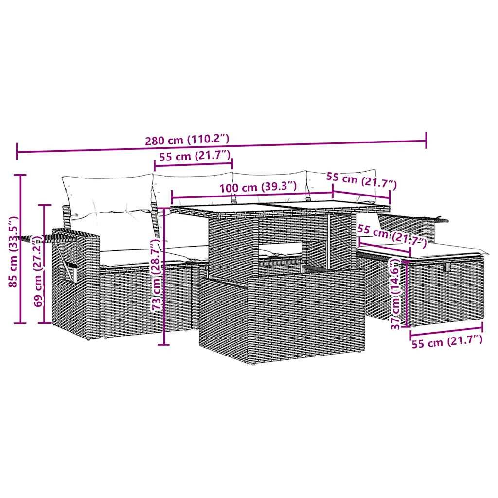vidaXL 6-teiliges Gartensofa-Set mit Kissen, schwarzes Polyrattan