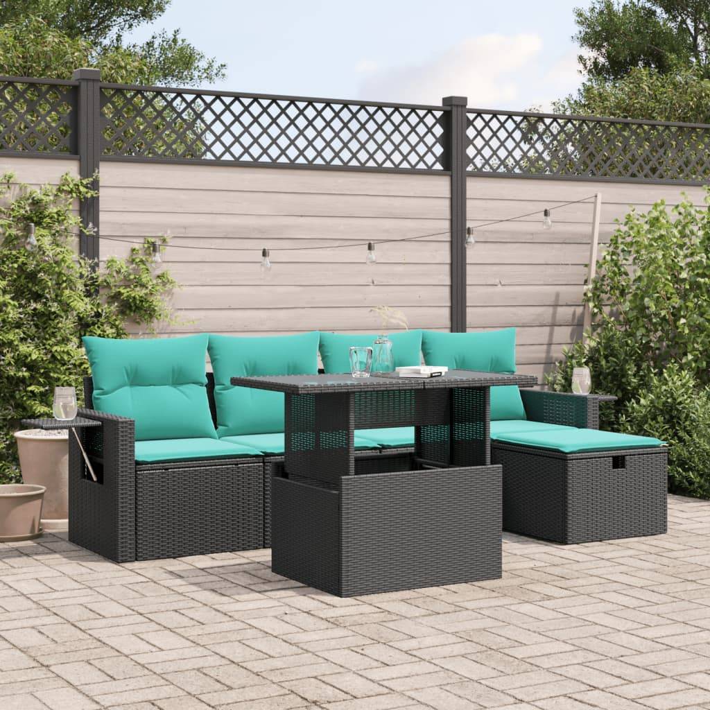 vidaXL 6-teiliges Gartensofa-Set mit Kissen, schwarzes Polyrattan
