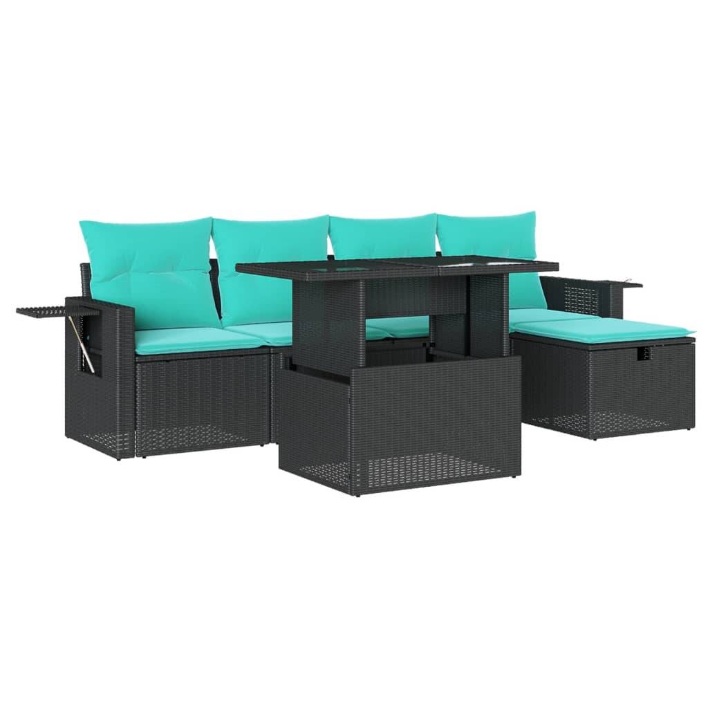 vidaXL 6-teiliges Gartensofa-Set mit Kissen, schwarzes Polyrattan