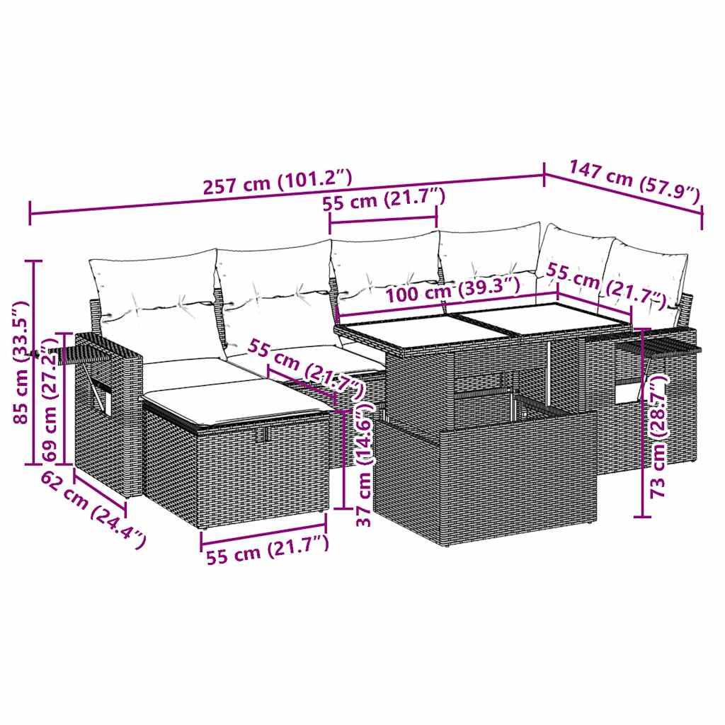 vidaXL 7-teiliges Gartensofa-Set mit Kissen, schwarzes Polyrattan