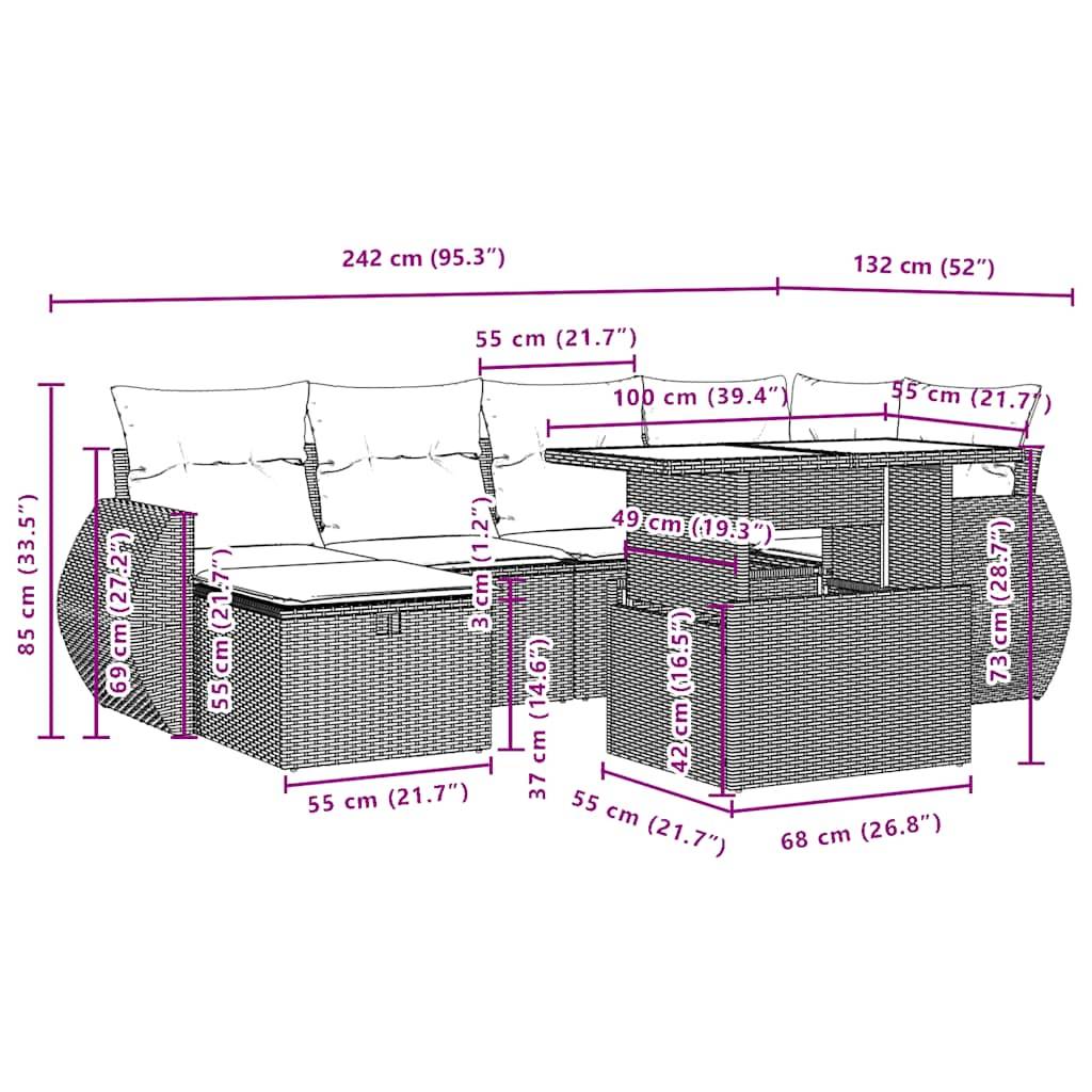 vidaXL 7-teiliges Gartensofa-Set mit Kissen, schwarzes Polyrattan