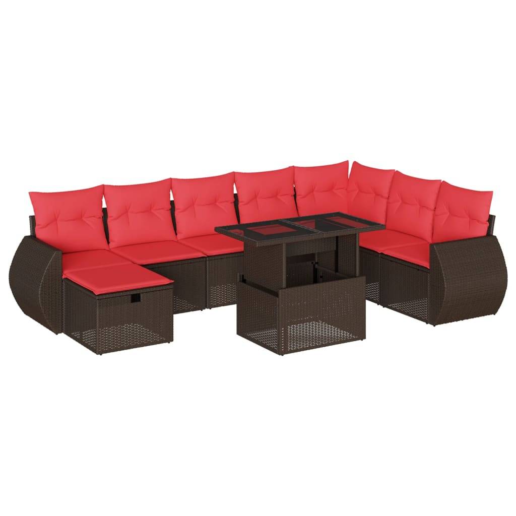 vidaXL 9-teiliges Gartensofa-Set mit Kissen, braun, Polyrattan