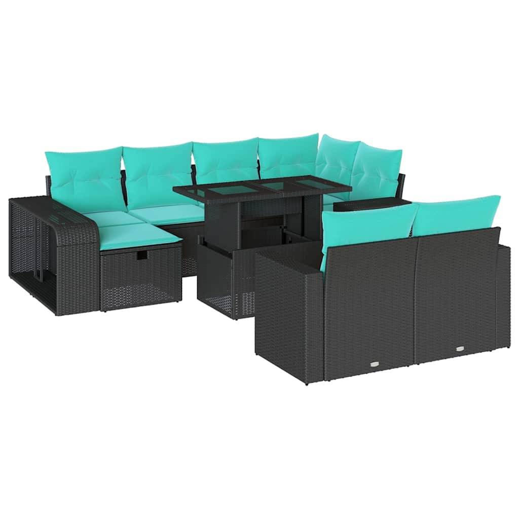vidaXL 11-teiliges Gartensofa-Set mit Kissen, schwarzes Polyrattan