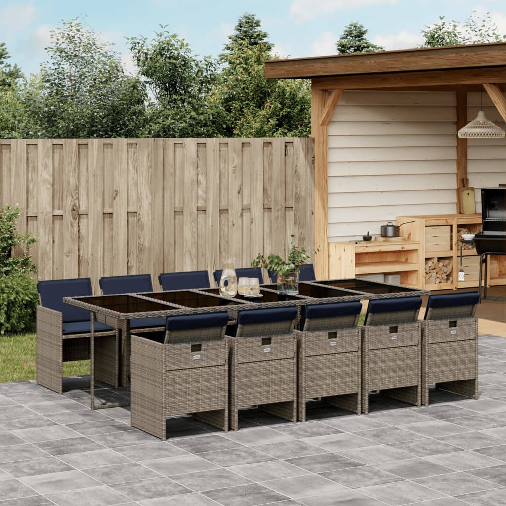 vidaXL 11-teiliges Garten-Ess-Set mit Kissen, grau, Polyrattan