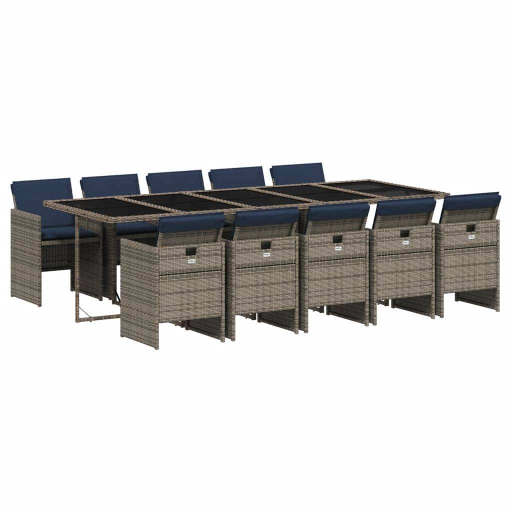 vidaXL 11-teiliges Garten-Ess-Set mit Kissen, grau, Polyrattan