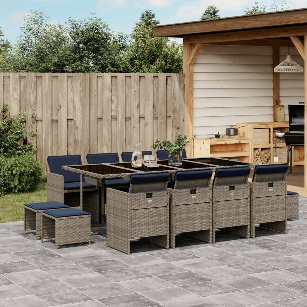 vidaXL 13-teiliges Garten-Ess-Set mit Kissen, grau, Polyrattan