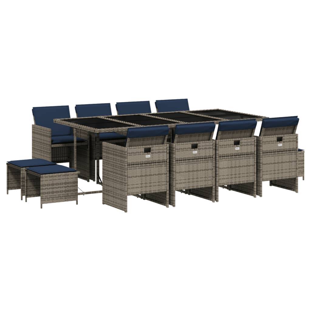 vidaXL 13-teiliges Garten-Ess-Set mit Kissen, grau, Polyrattan