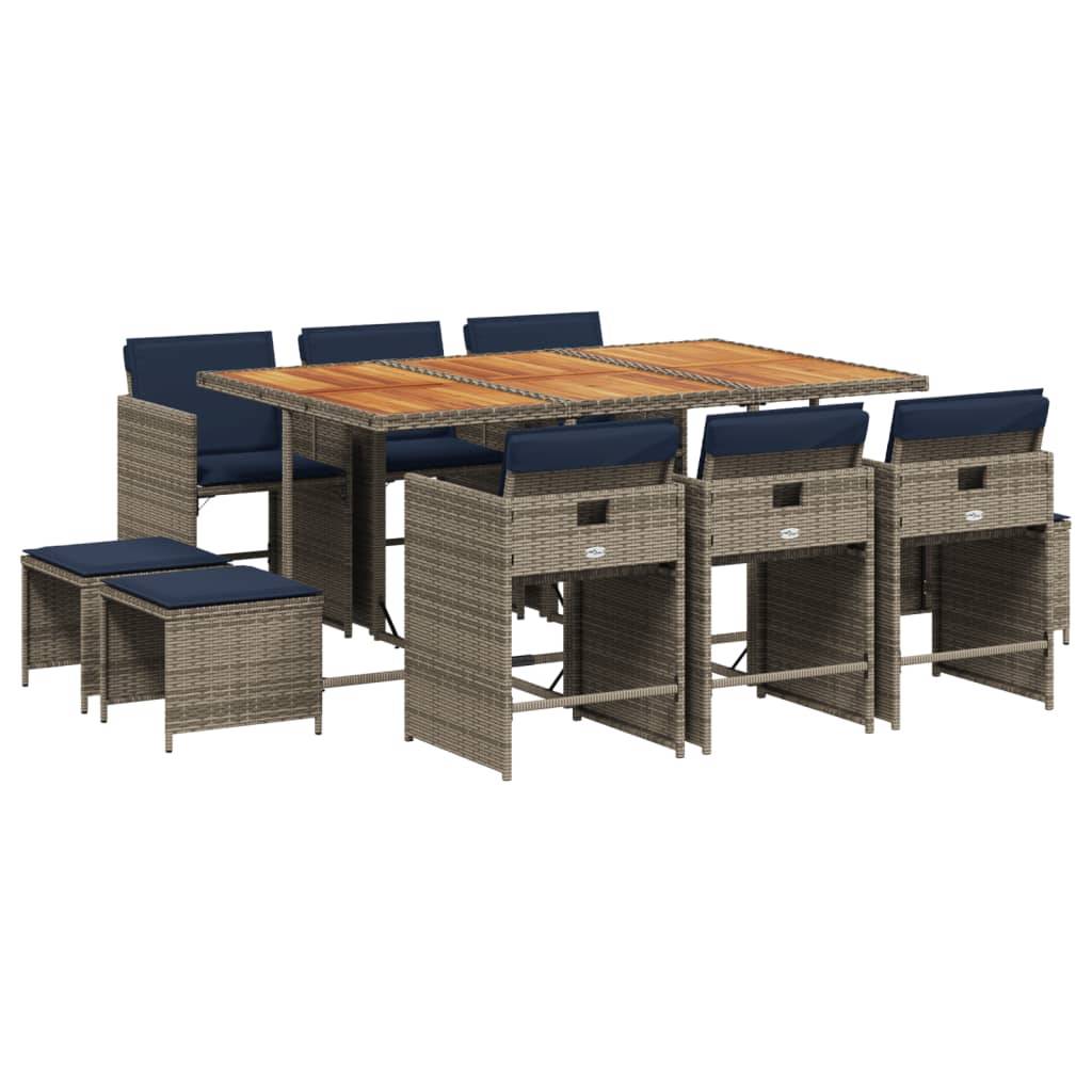 vidaXL 11-teiliges Garten-Ess-Set mit Kissen, grau, Polyrattan