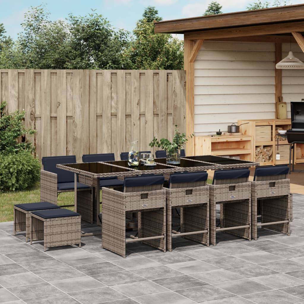 vidaXL 13-teiliges Garten-Ess-Set mit Kissen, grau, Polyrattan