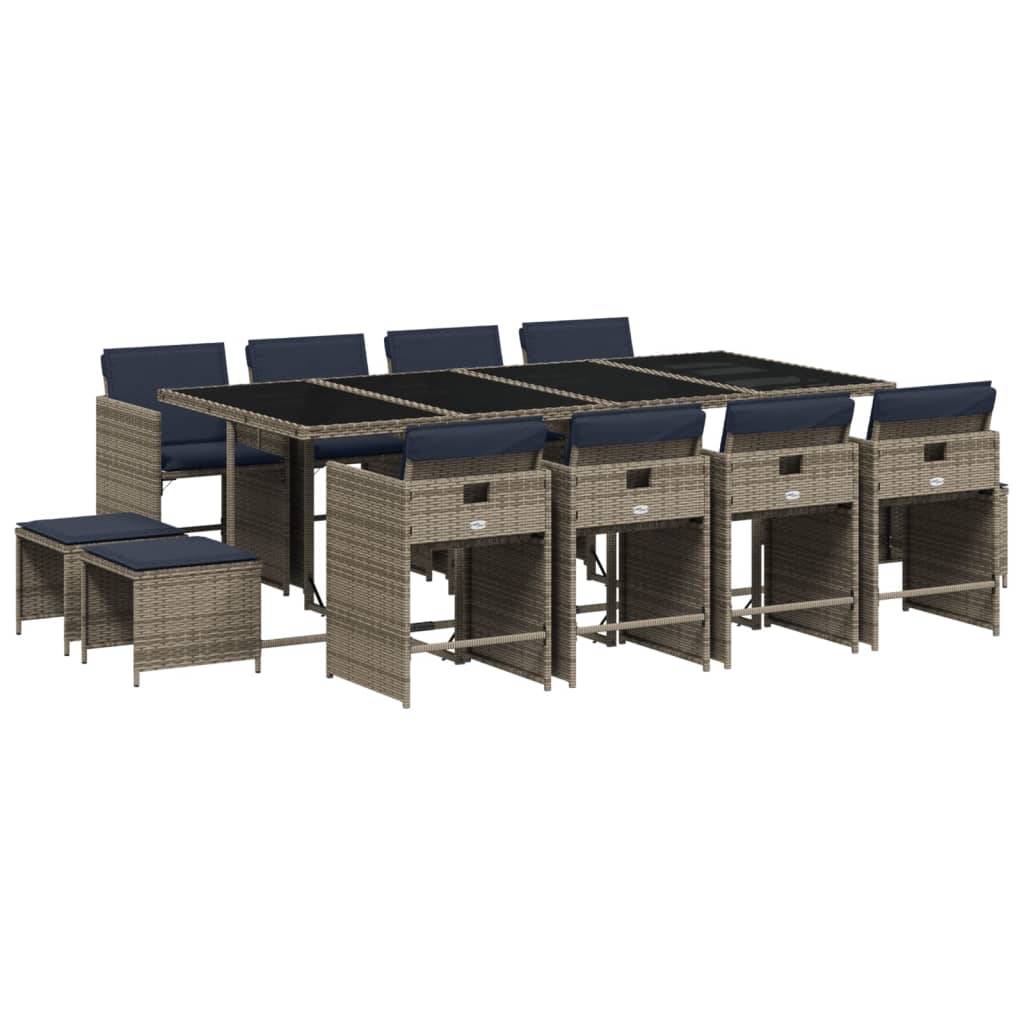 vidaXL 13-teiliges Garten-Ess-Set mit Kissen, grau, Polyrattan