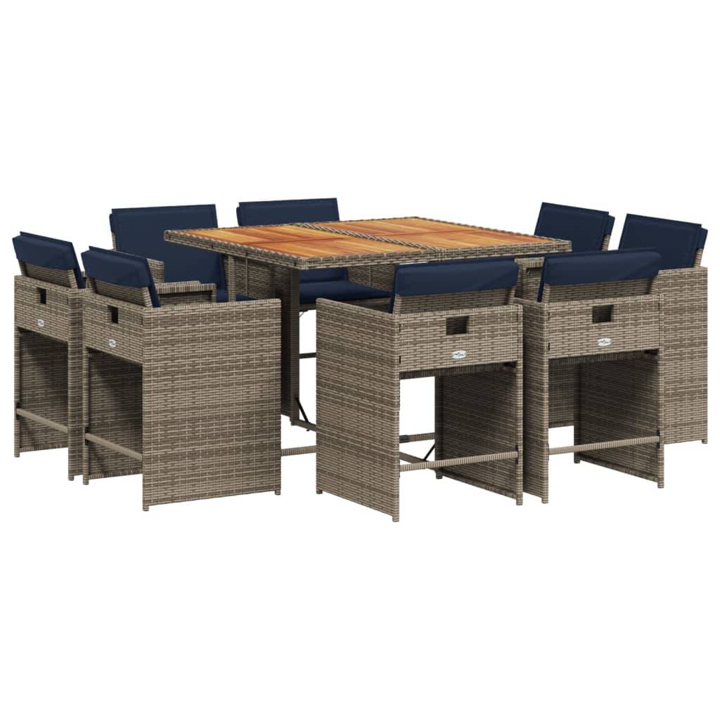 vidaXL 9-teiliges Garten-Ess-Set mit Kissen, grau, Polyrattan