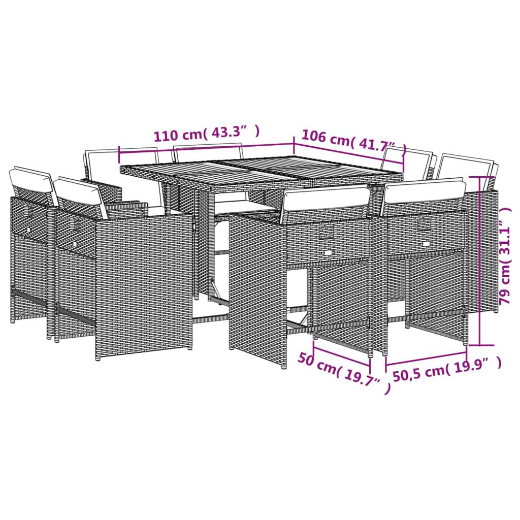 vidaXL 9-teiliges Garten-Ess-Set mit Kissen, grau, Polyrattan