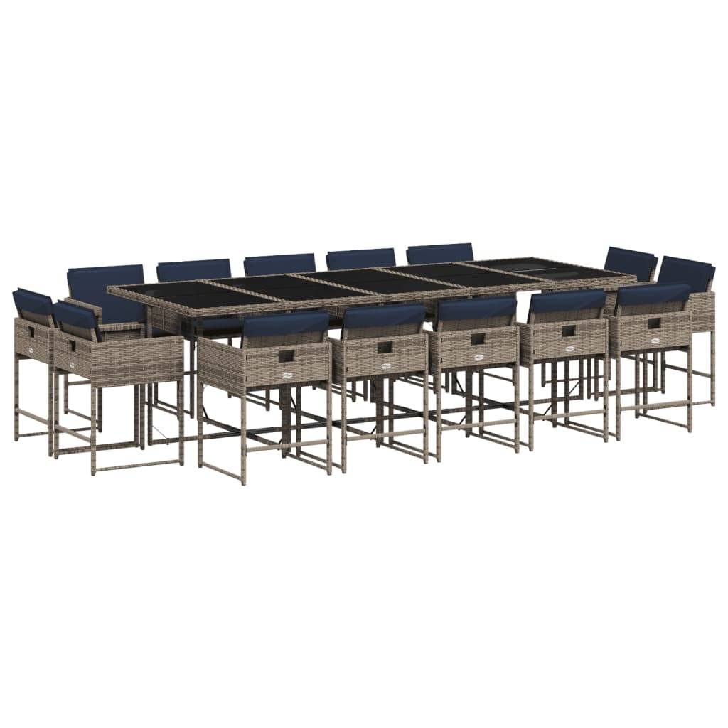 vidaXL 15-teiliges Garten-Ess-Set mit Kissen, grau, Polyrattan