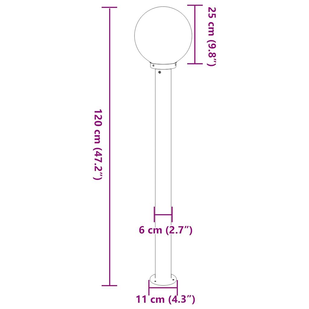 Diagramm eines Laternenpfahls mit Maßangaben: Höhe 120 cm (47,2 Zoll), Kugeldurchmesser 25 cm (9,8 Zoll), Basisdurchmesser 11 cm (4,3 Zoll).