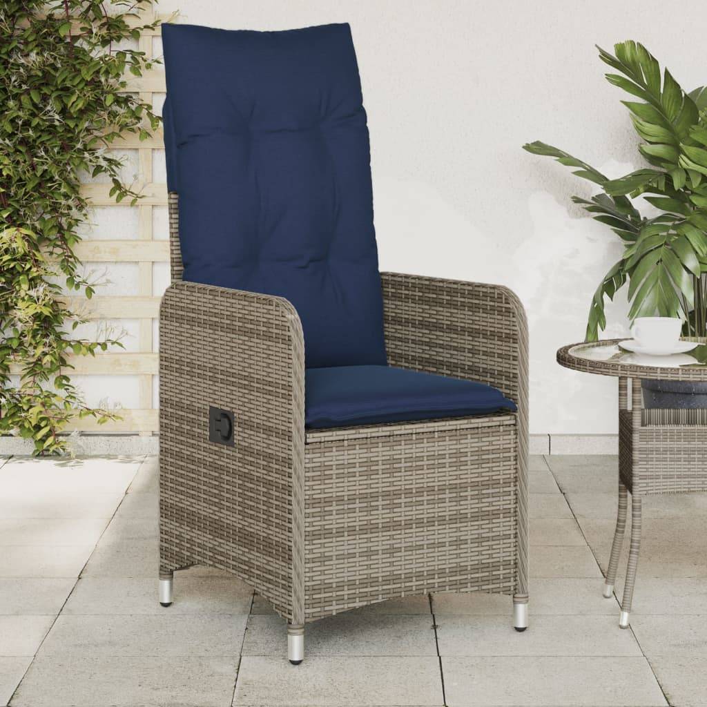 vidaXL Gartenstühle Verstellbar 2 Stk. mit Kissen Grau Poly Rattan