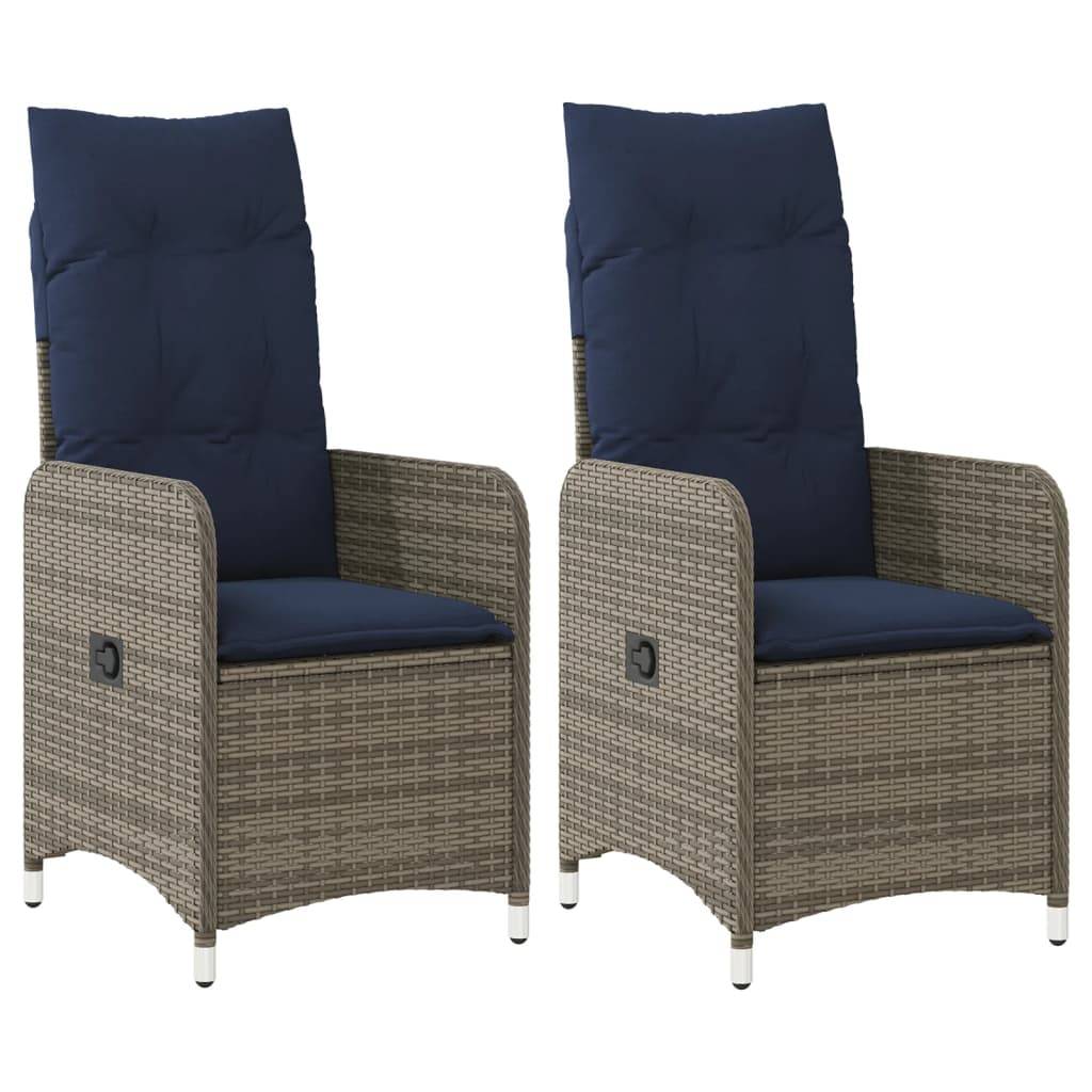 vidaXL Gartenstühle Verstellbar 2 Stk. mit Kissen Grau Poly Rattan