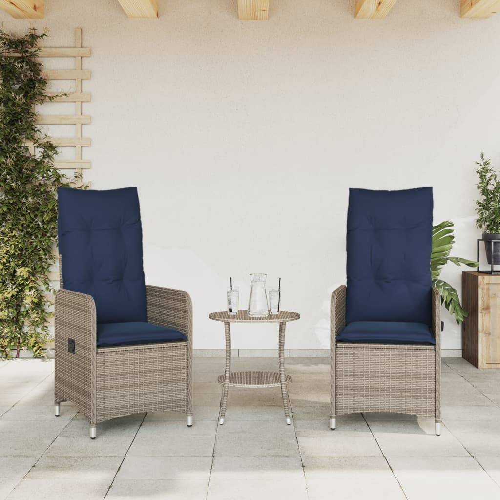 vidaXL Gartenstühle Verstellbar 2 Stk. mit Kissen Grau Poly Rattan