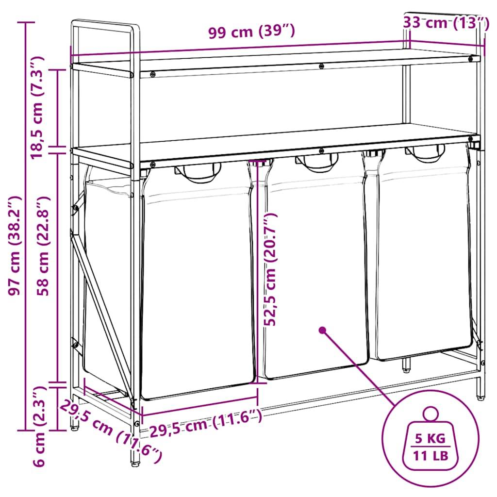 vidaXL Wäschekorb 3 Fächer mit Ablagen Braune Eiche