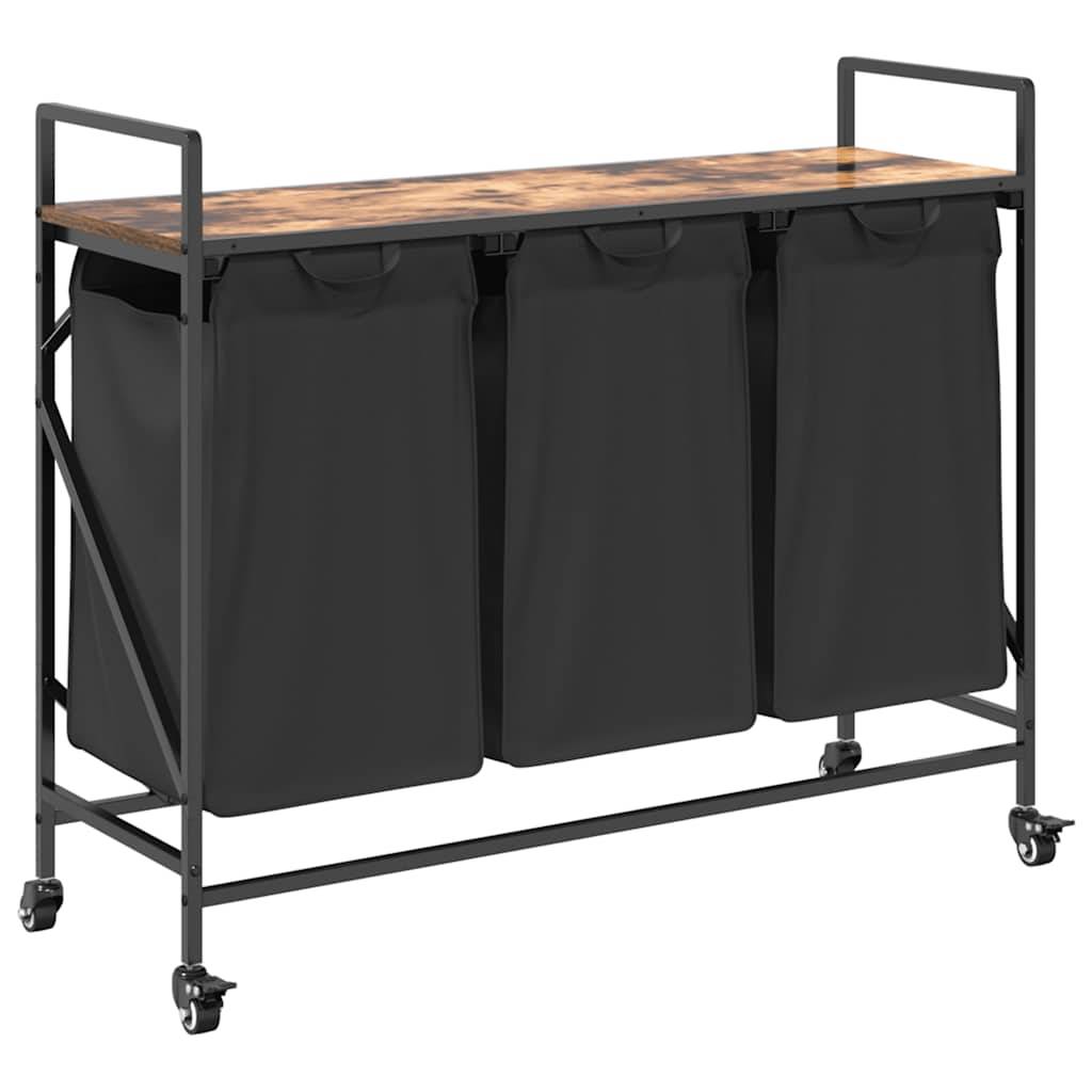 vidaXL Wäschekorb 3 Fächer mit Rollen Räuchereiche