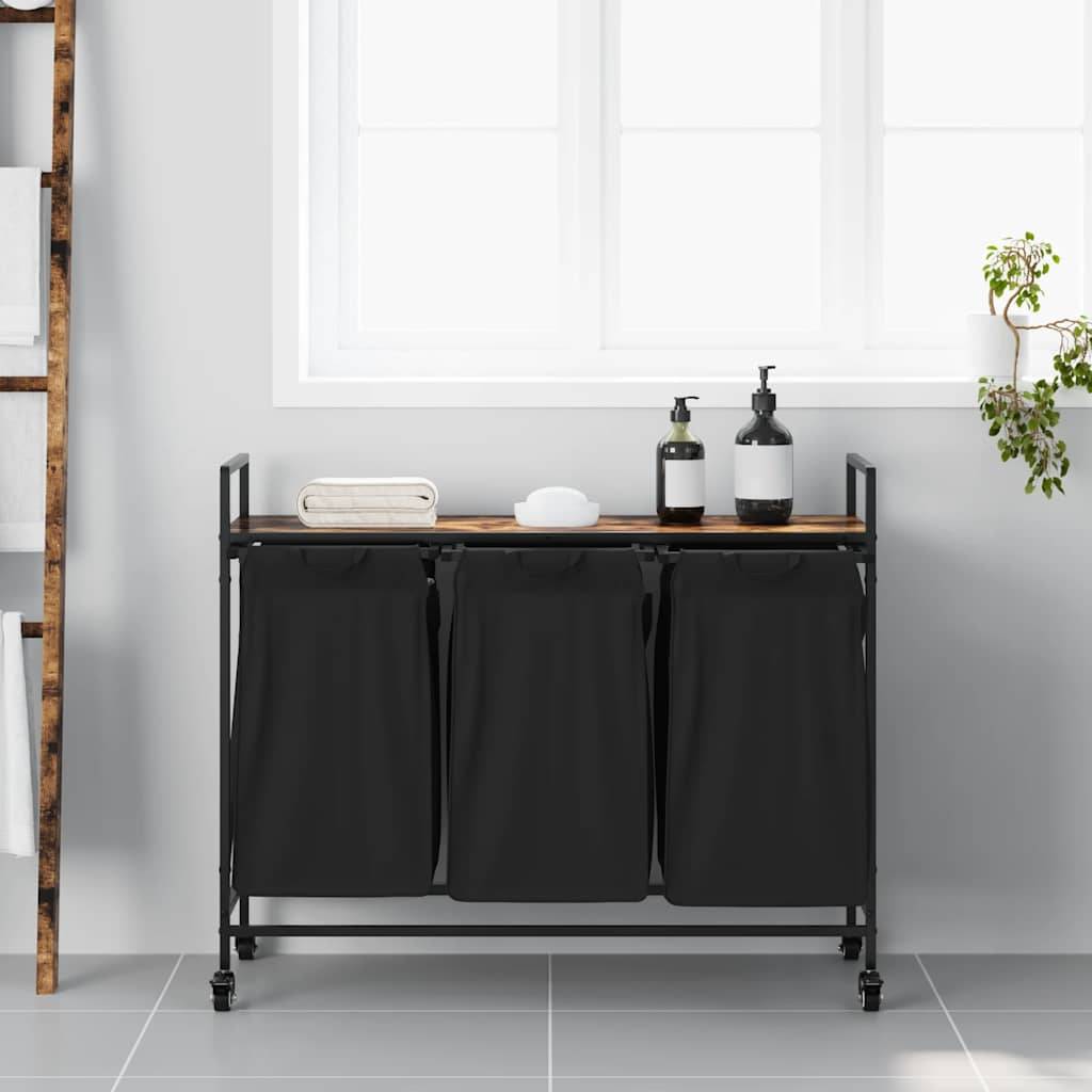 vidaXL Wäschekorb 3 Fächer mit Rollen Räuchereiche