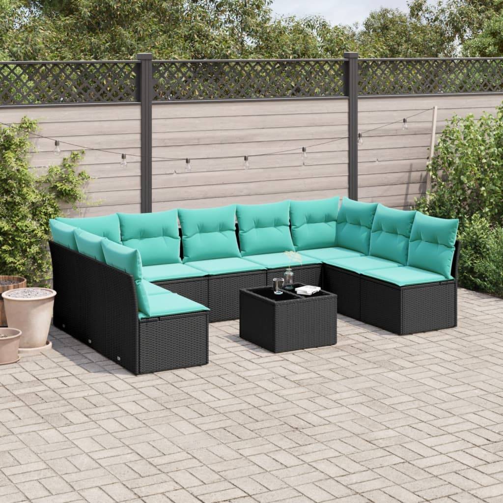 vidaXL 10-teiliges Gartensofa-Set mit Kissen, schwarzes Polyrattan