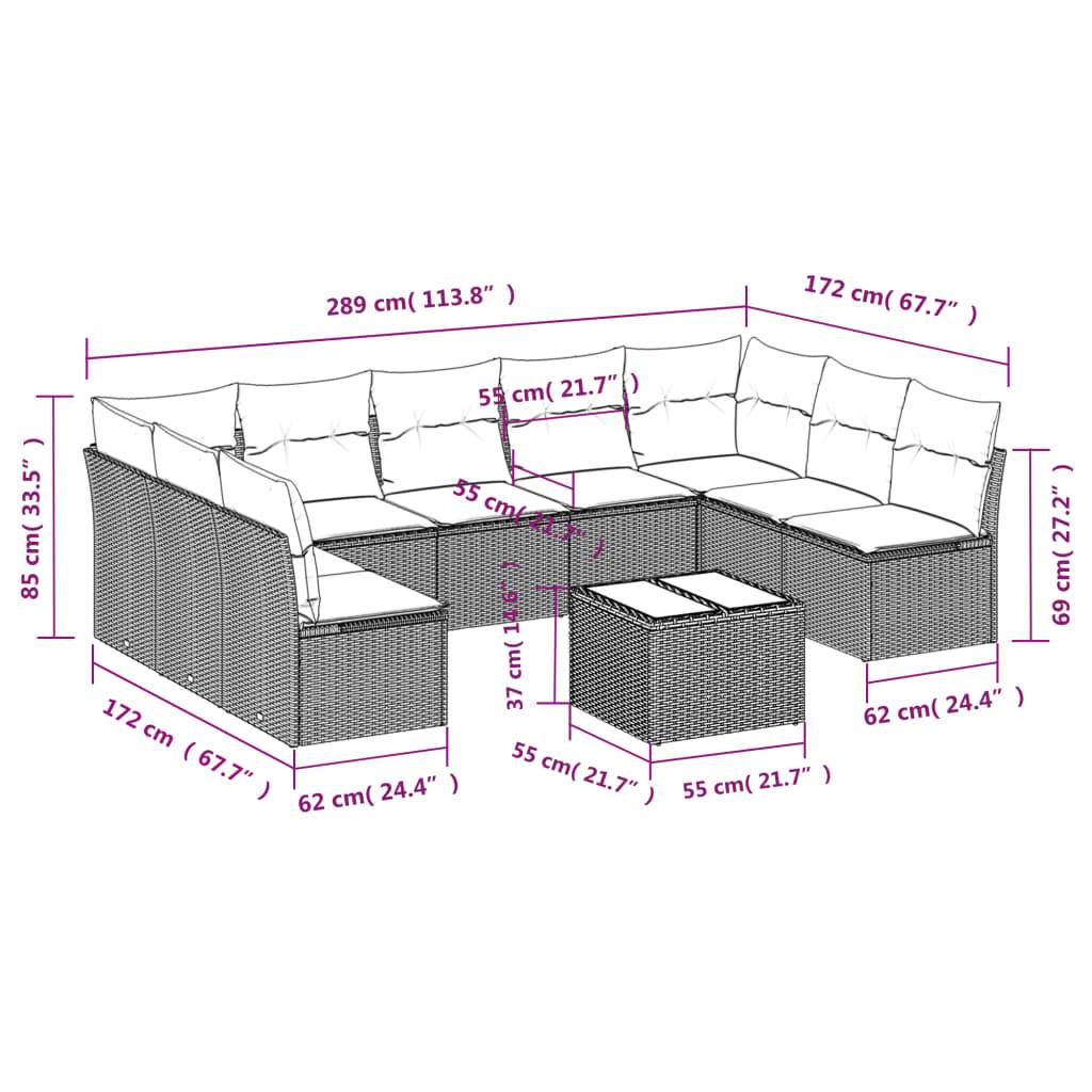 vidaXL 10-teiliges Gartensofa-Set mit Kissen, schwarzes Polyrattan
