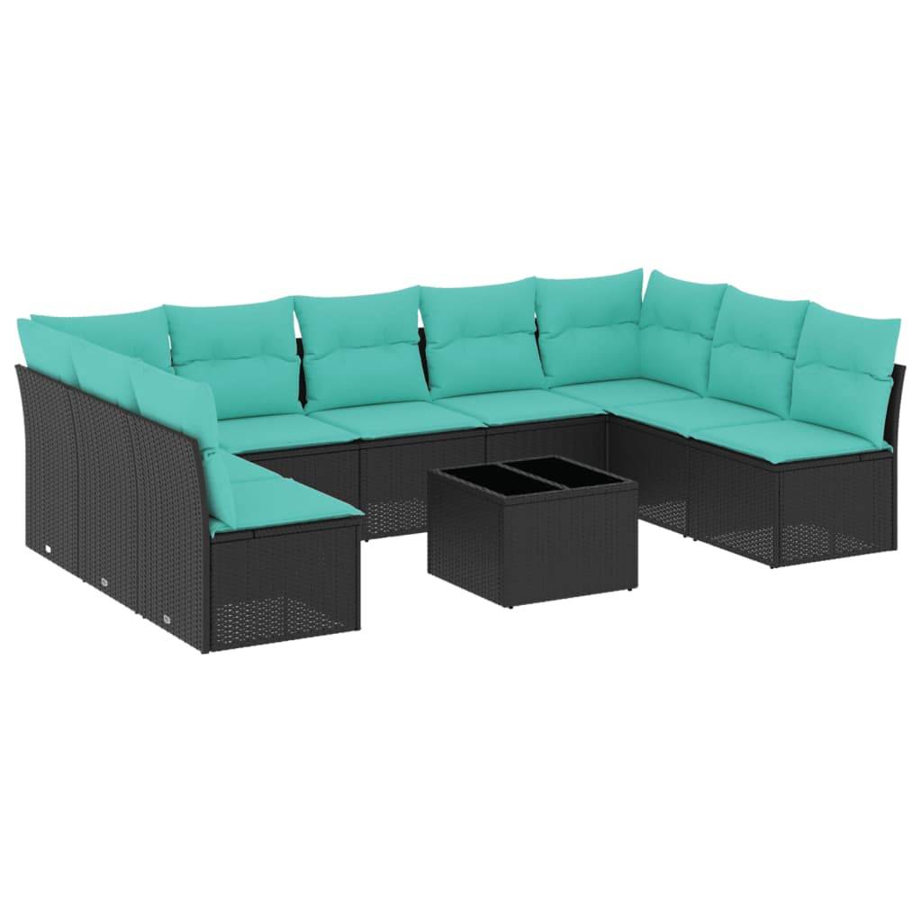 vidaXL 10-teiliges Gartensofa-Set mit Kissen, schwarzes Polyrattan
