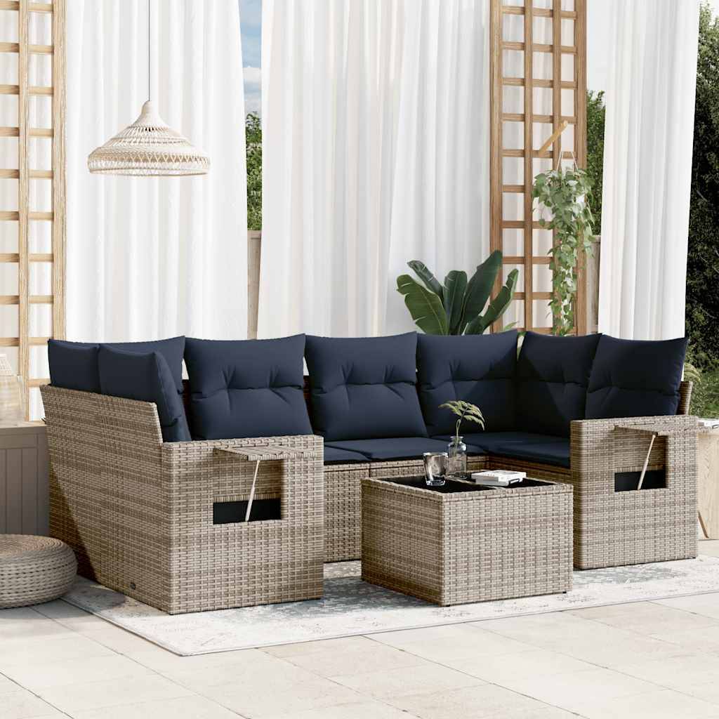 vidaXL 7-teiliges Gartensofa-Set mit Kissen, grau, Polyrattan