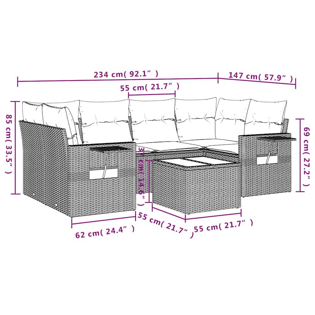 vidaXL 7-teiliges Gartensofa-Set mit Kissen, grau, Polyrattan