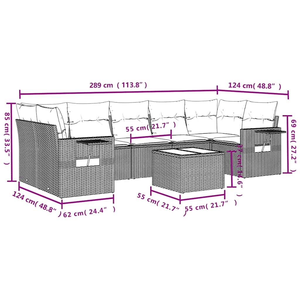 vidaXL 8-teiliges Gartensofa-Set mit Kissen, schwarzes Polyrattan