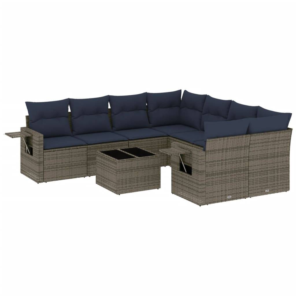 vidaXL 9-teiliges Gartensofa-Set mit Kissen, grau, Polyrattan