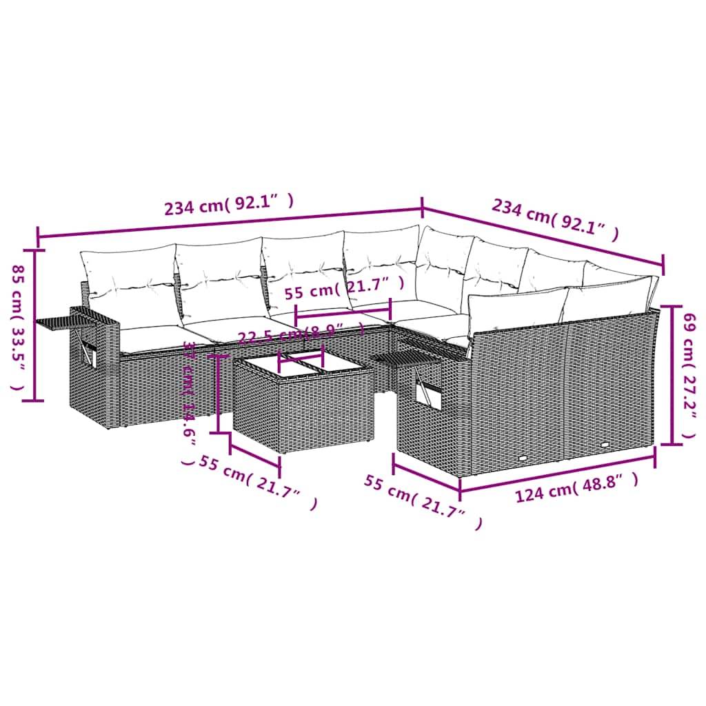 vidaXL 9-teiliges Gartensofa-Set mit Kissen, grau, Polyrattan