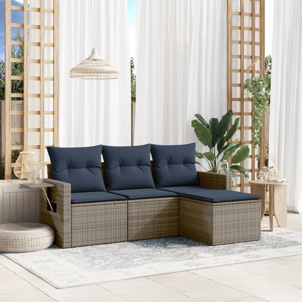 vidaXL 4-teiliges Gartensofa-Set mit Kissen, grau, Polyrattan