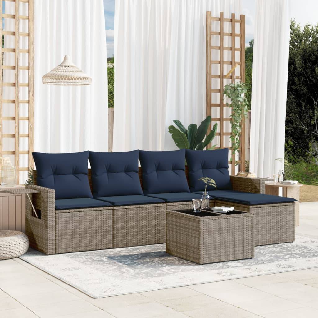vidaXL 6-teiliges Gartensofa-Set mit Kissen, grau, Polyrattan