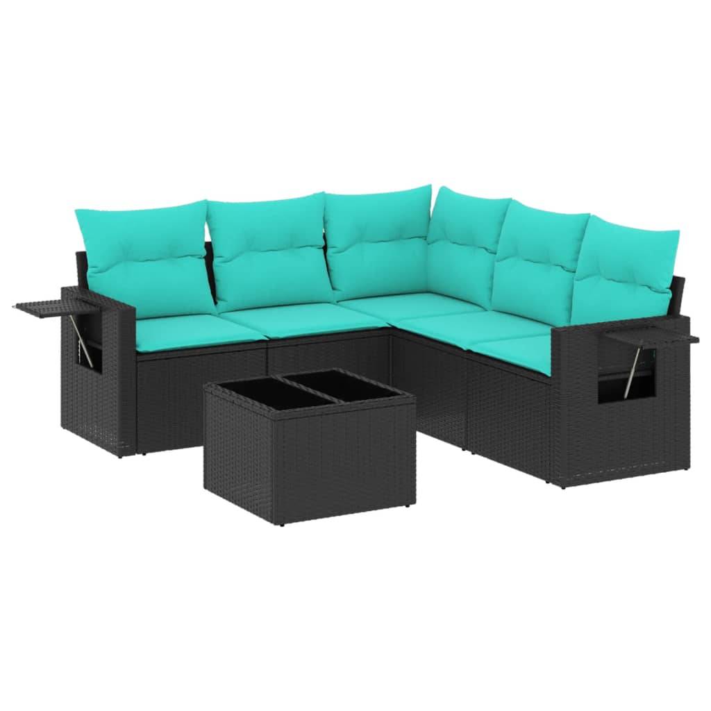 vidaXL 6-teiliges Gartensofa-Set mit Kissen, schwarzes Polyrattan