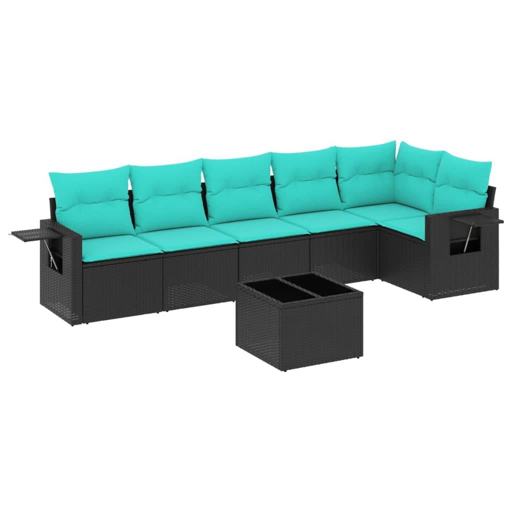 vidaXL 7-teiliges Gartensofa-Set mit Kissen, schwarzes Polyrattan
