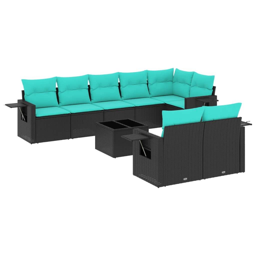 vidaXL 9-teiliges Gartensofa-Set mit Kissen, schwarzes Polyrattan