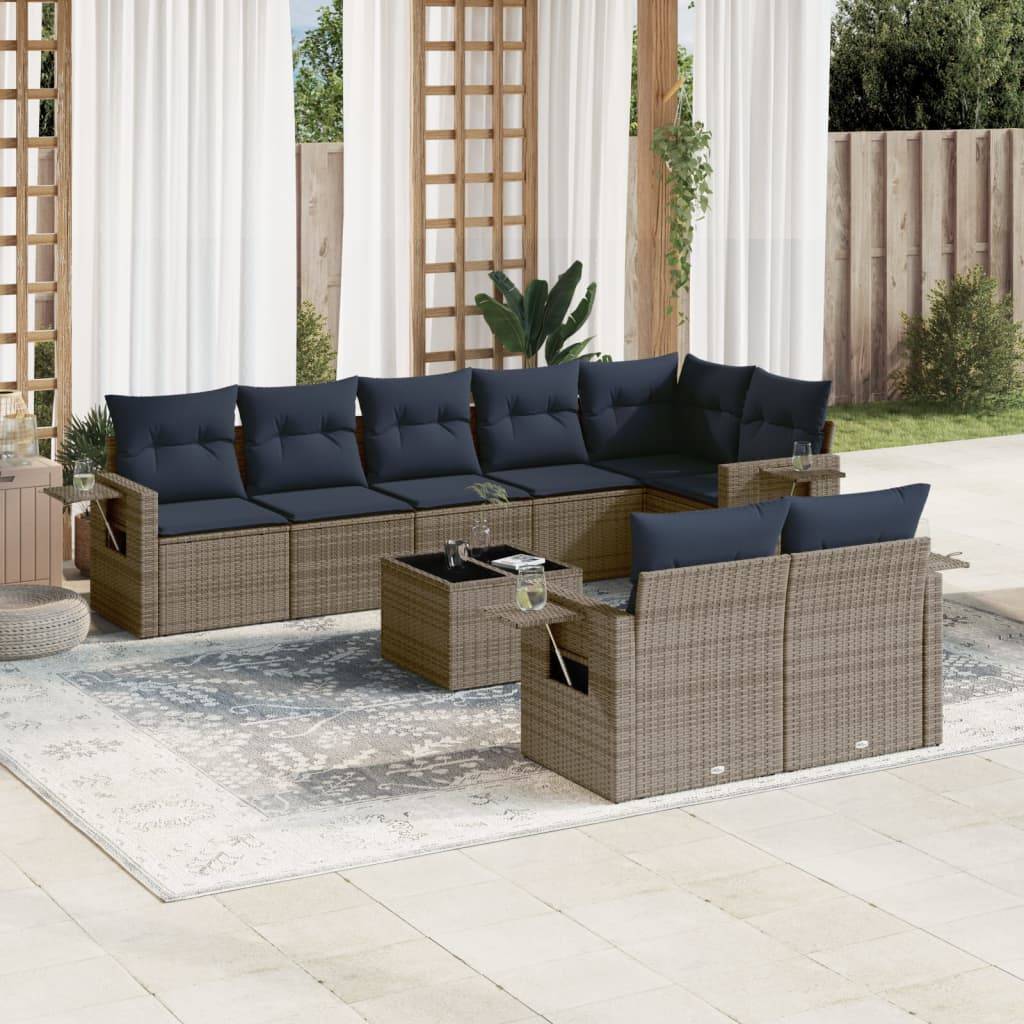vidaXL 9-teiliges Gartensofa-Set mit Kissen, grau, Polyrattan