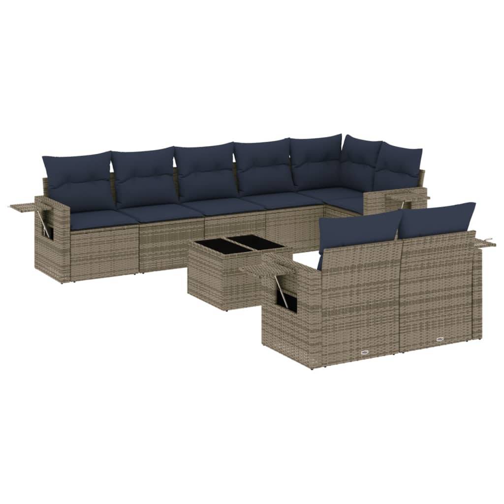 vidaXL 9-teiliges Gartensofa-Set mit Kissen, grau, Polyrattan