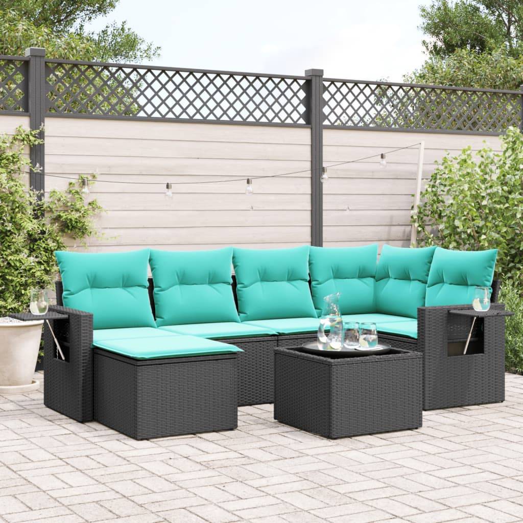 vidaXL 7-teiliges Gartensofa-Set mit Kissen, schwarzes Polyrattan