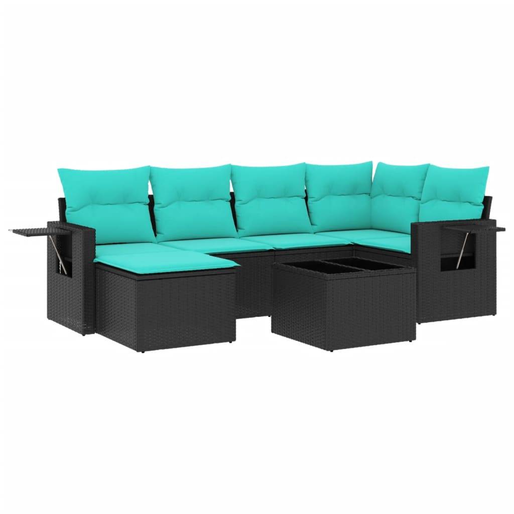 vidaXL 7-teiliges Gartensofa-Set mit Kissen, schwarzes Polyrattan