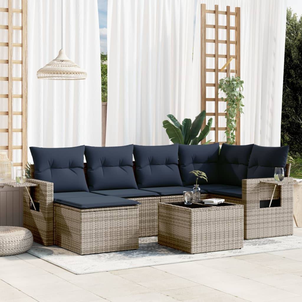 vidaXL 7-teiliges Gartensofa-Set mit Kissen, grau, Polyrattan