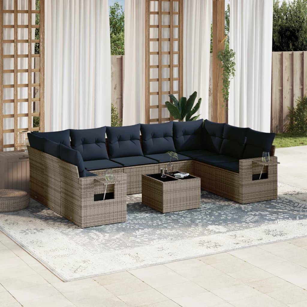 vidaXL 10-teiliges Gartensofa-Set mit Kissen, grau, Polyrattan